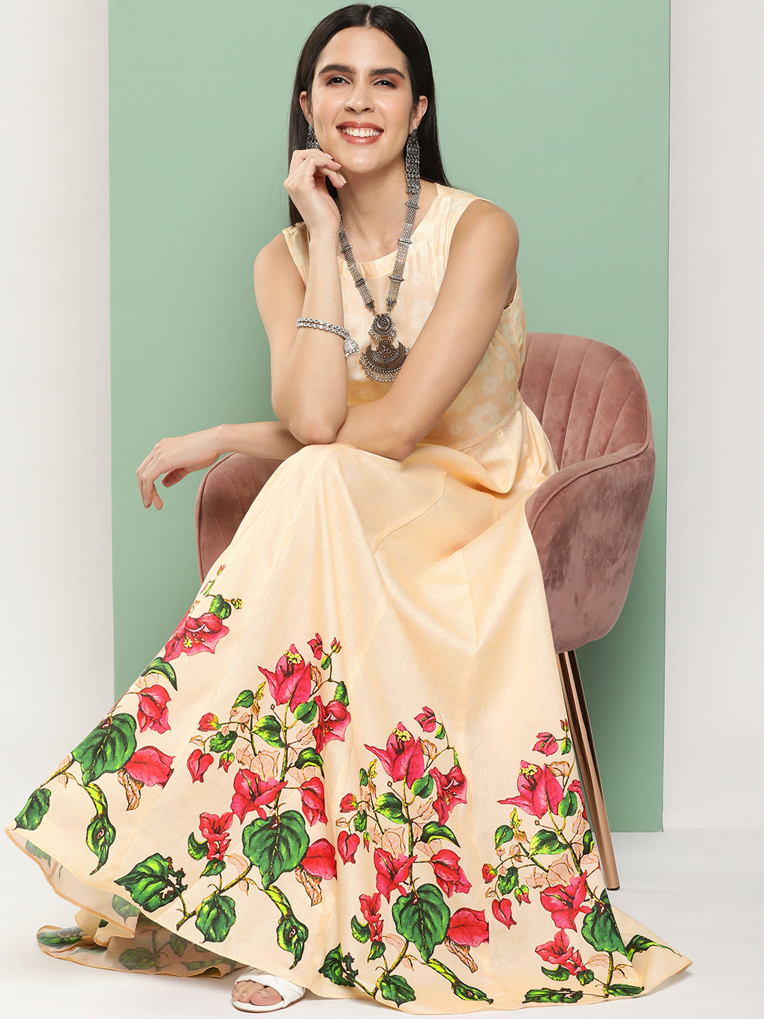 Women's Beige Printed Long Dress With Waist Belt