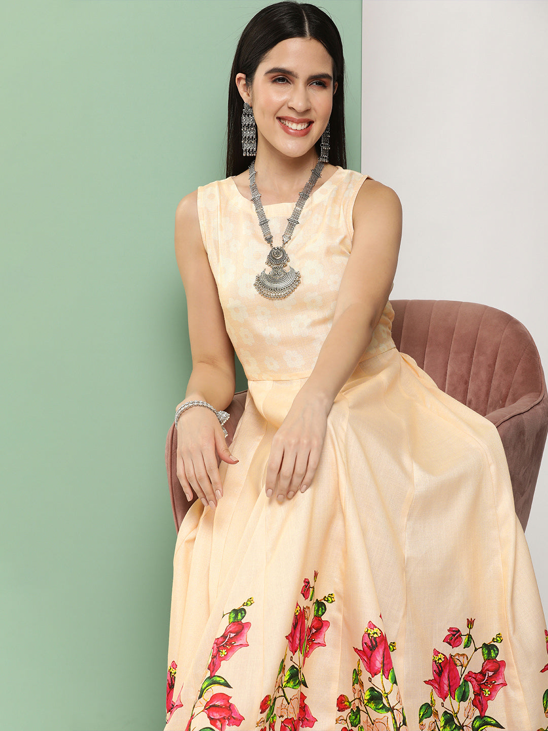 Women's Beige Printed Long Dress With Waist Belt