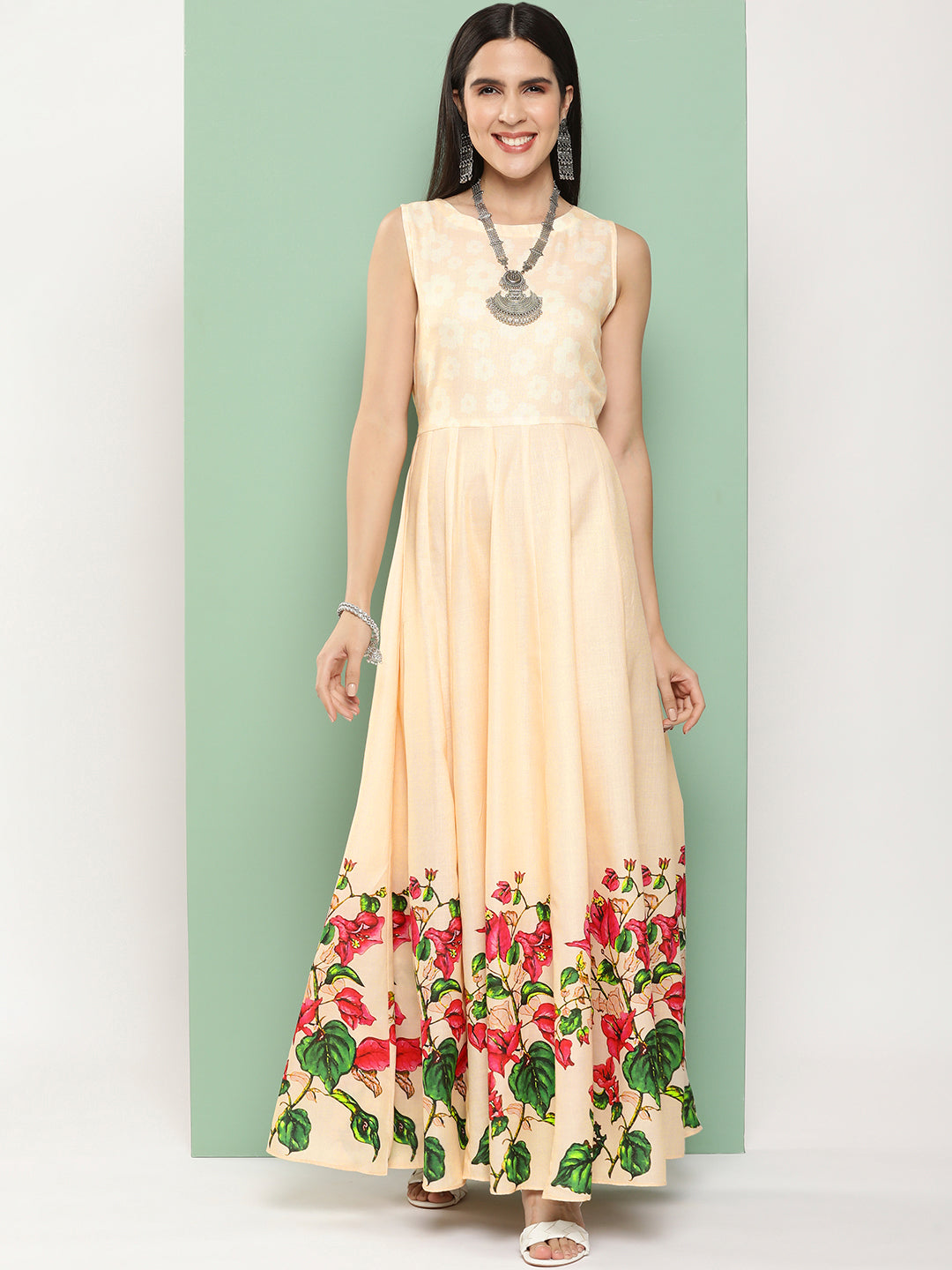 Women's Beige Printed Long Dress With Waist Belt