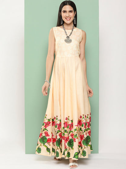 Women's Beige Printed Long Dress With Waist Belt