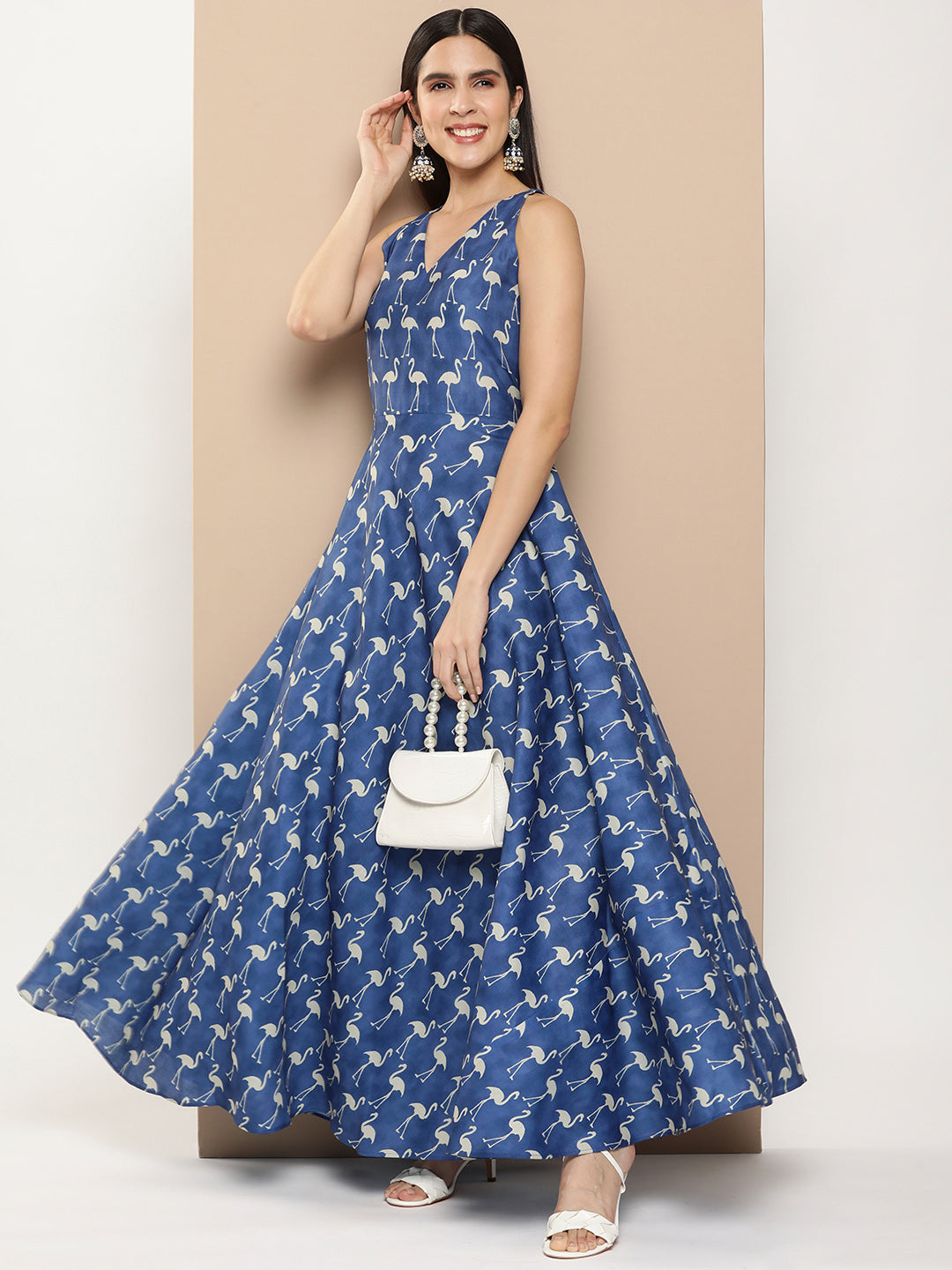 Women's Navy Blue Printed Long Dress With Waist Belt