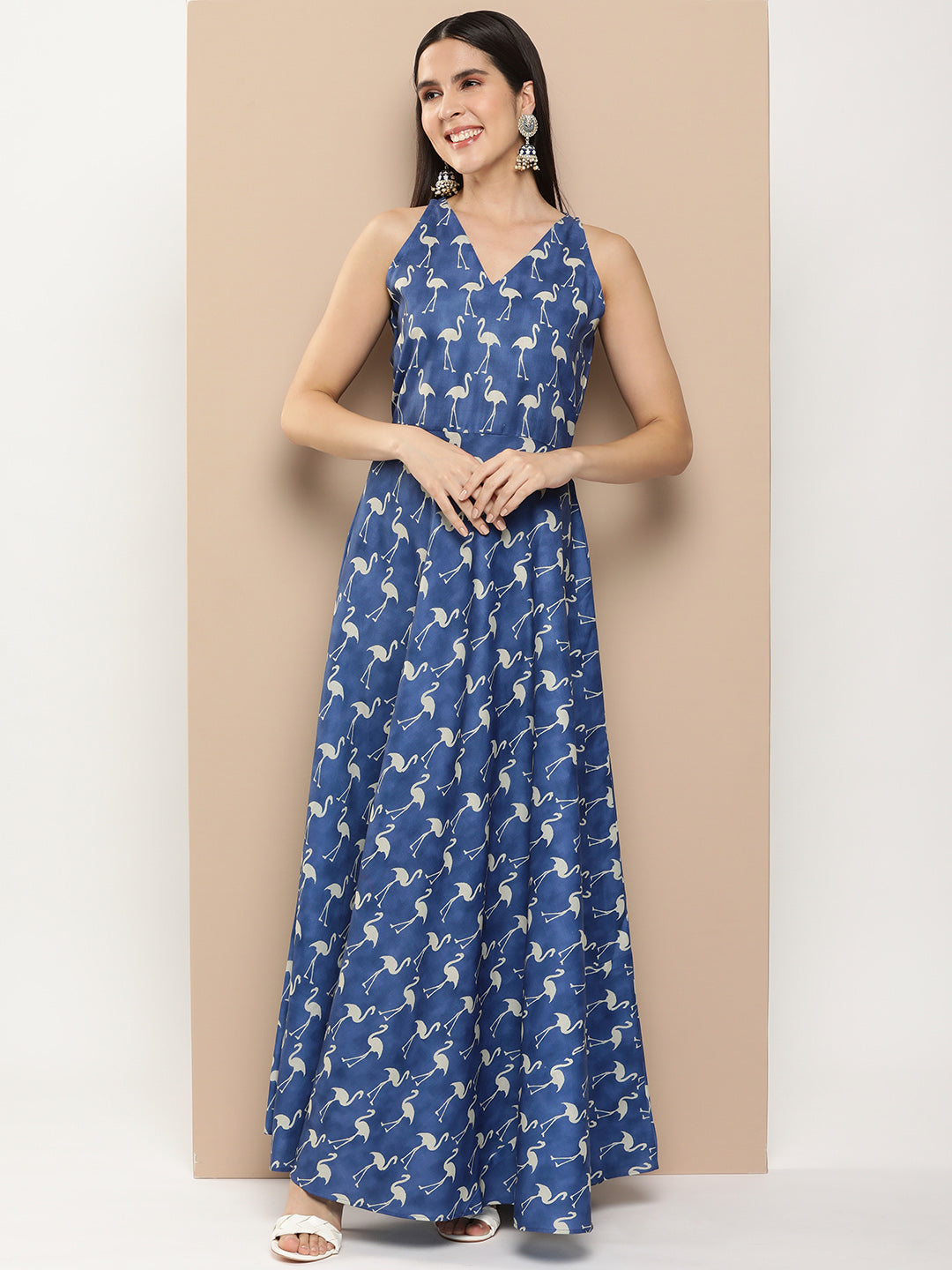 Women's Navy Blue Printed Long Dress With Waist Belt