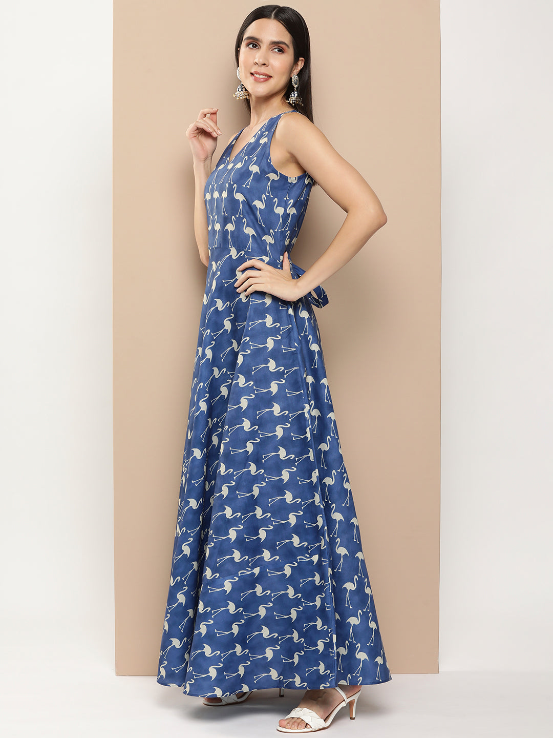 Women's Navy Blue Printed Long Dress With Waist Belt