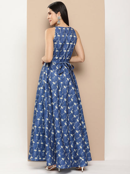 Women's Navy Blue Printed Long Dress With Waist Belt