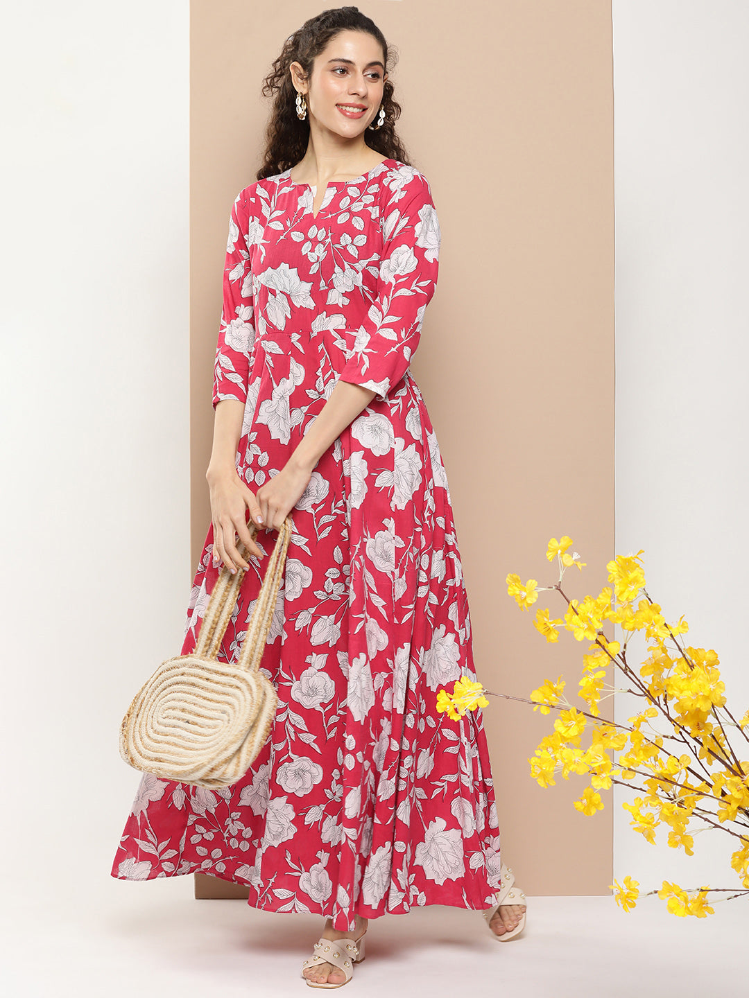 Women's Pink Printed Long Dress With Waist Belt