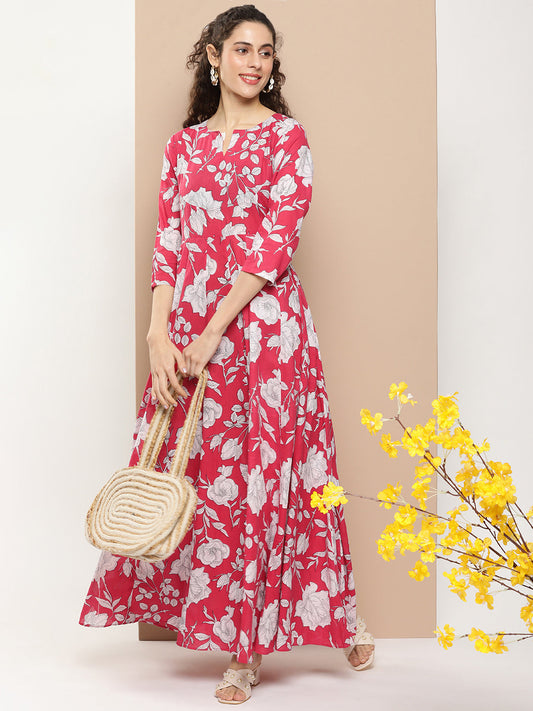 Women's Pink Printed Long Dress With Waist Belt