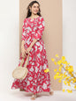 Women's Pink Printed Long Dress With Waist Belt