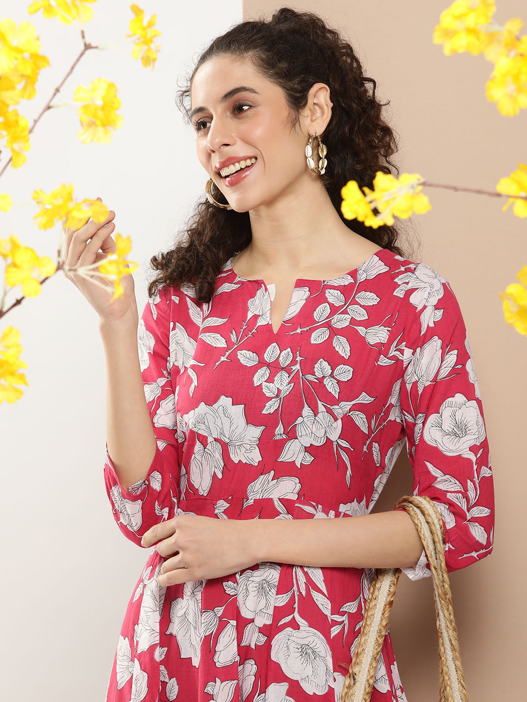Women's Pink Printed Long Dress With Waist Belt
