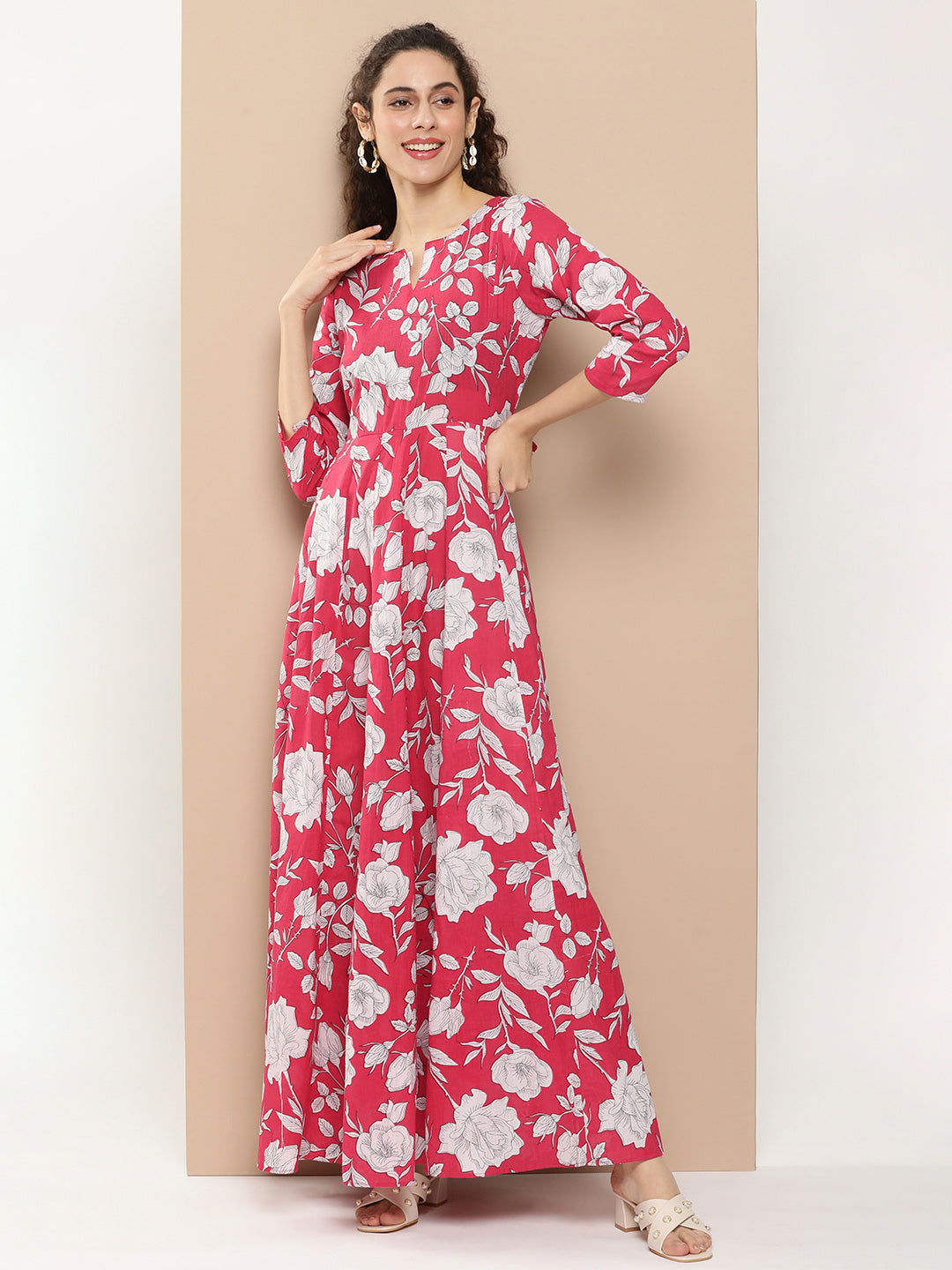 Women's Pink Printed Long Dress With Waist Belt