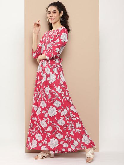 Women's Pink Printed Long Dress With Waist Belt
