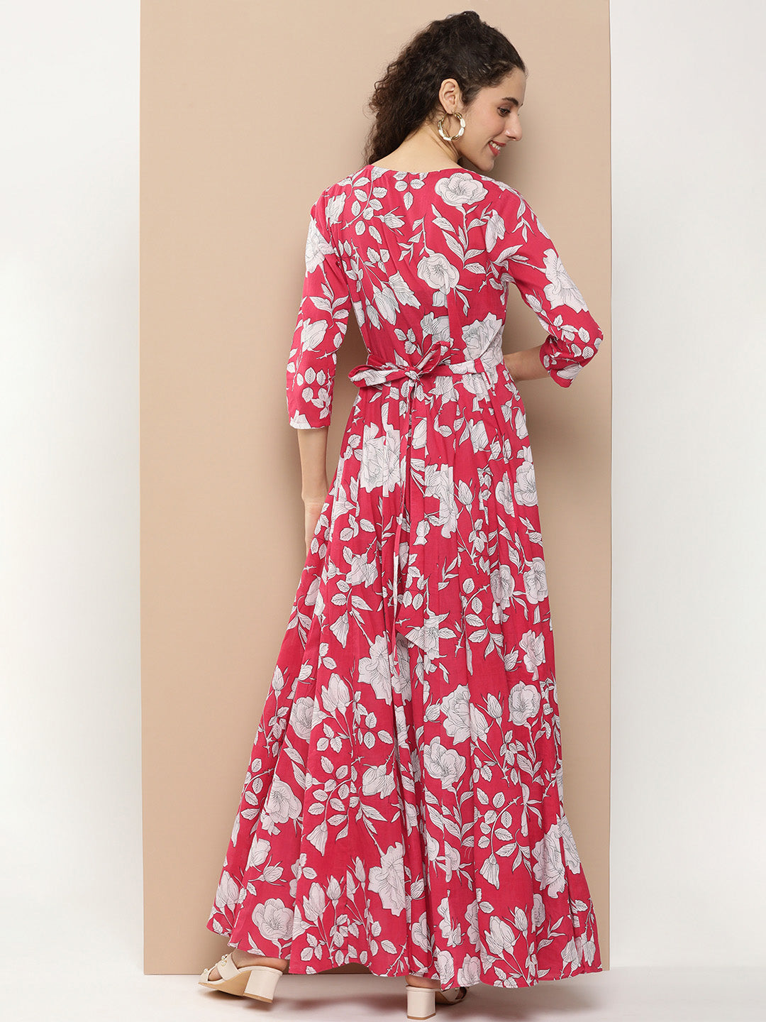 Women's Pink Printed Long Dress With Waist Belt