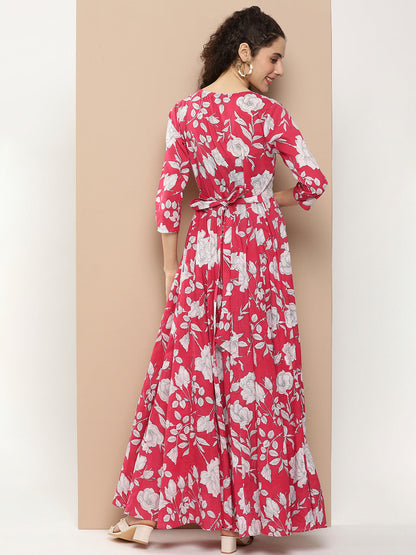 Women's Pink Printed Long Dress With Waist Belt