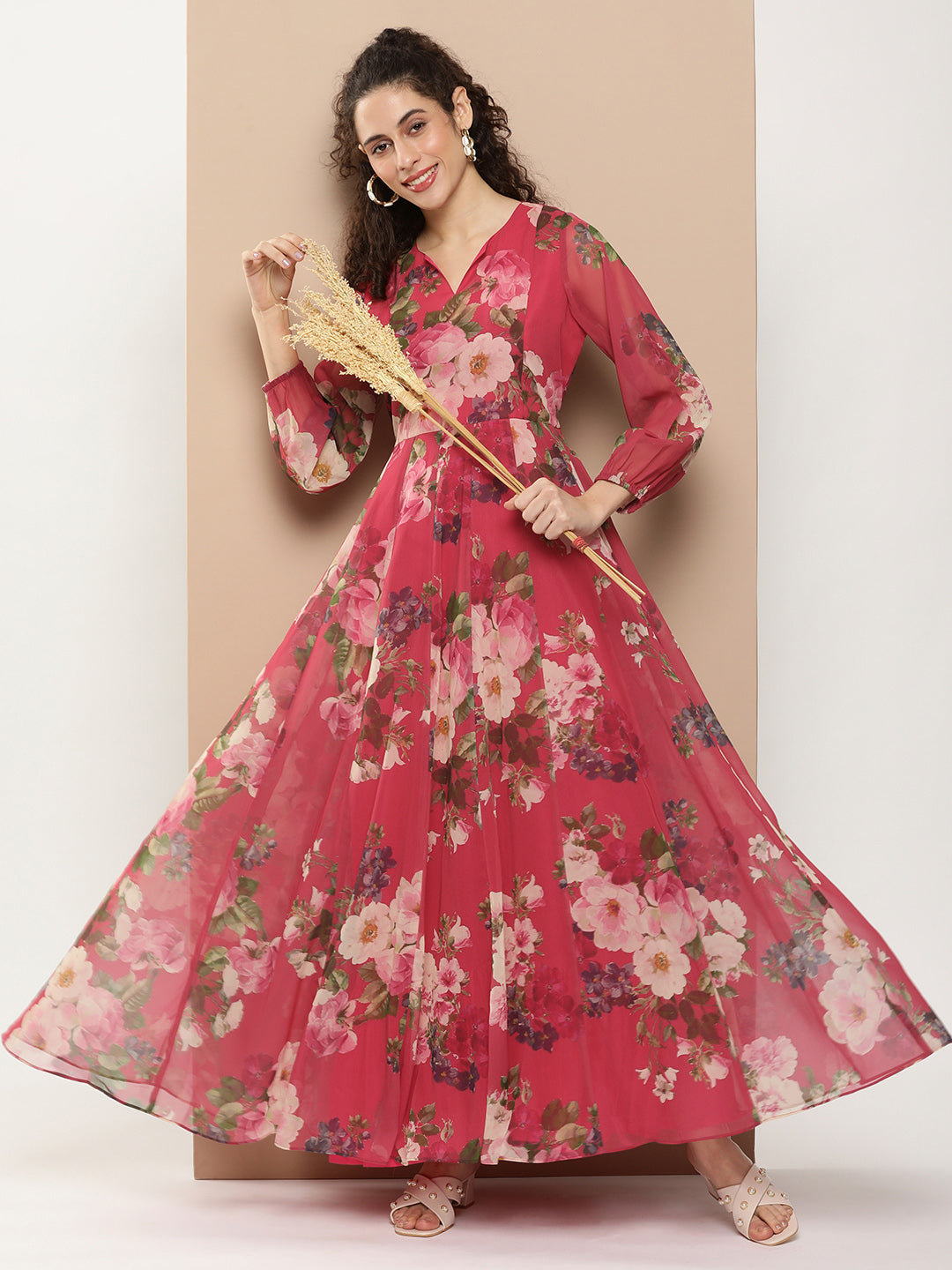 Women's Fuchsia Printed Long Dress With Waist Belt
