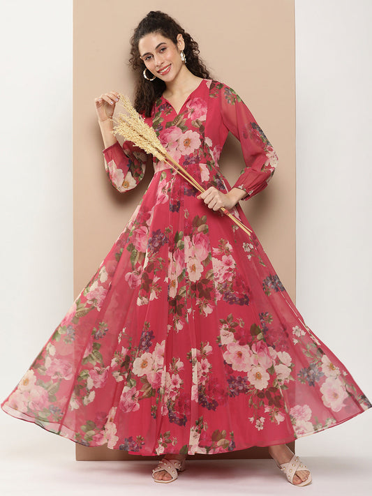 Women's Fuchsia Printed Long Dress With Waist Belt