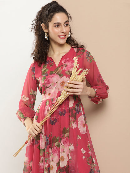 Women's Fuchsia Printed Long Dress With Waist Belt