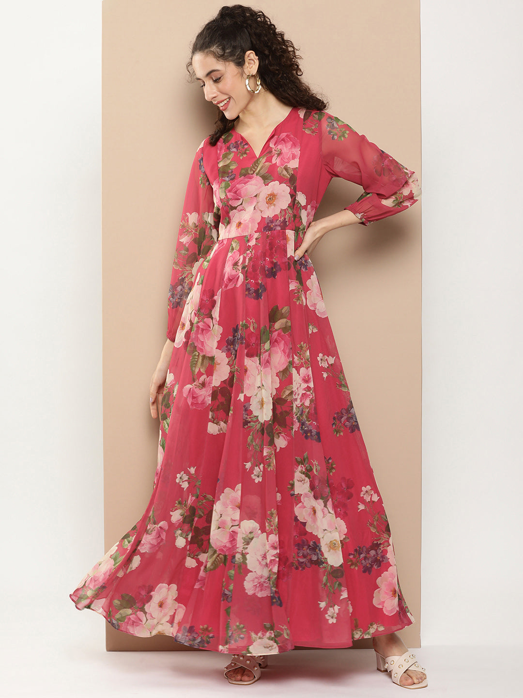 Women's Fuchsia Printed Long Dress With Waist Belt