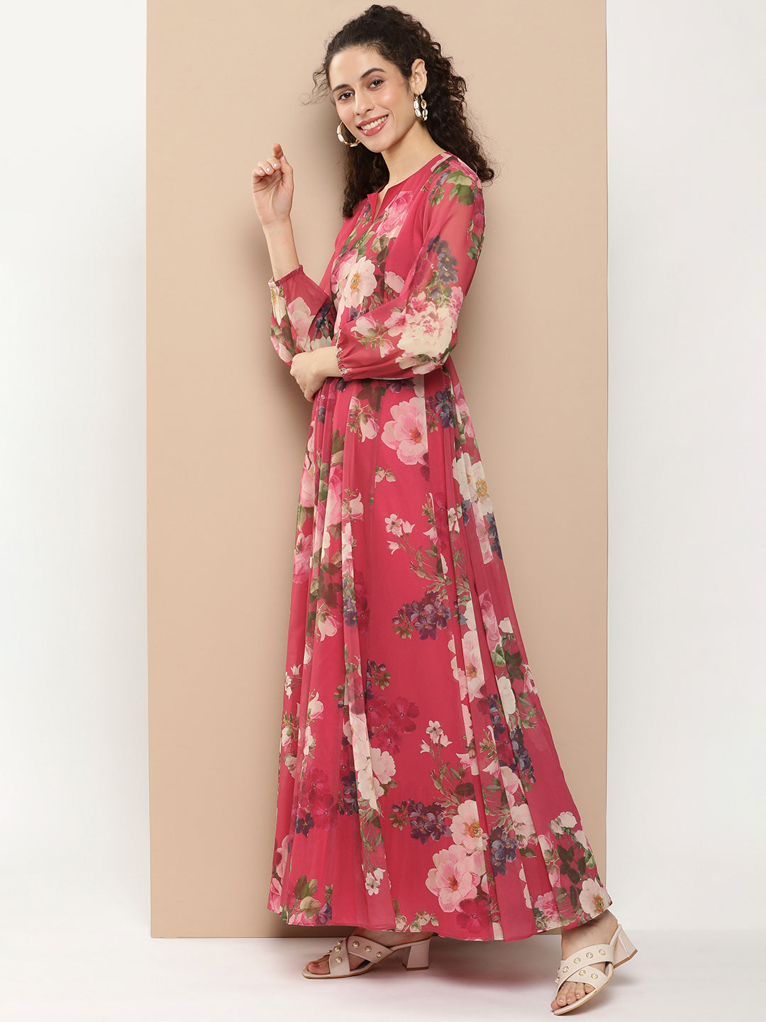 Women's Fuchsia Printed Long Dress With Waist Belt
