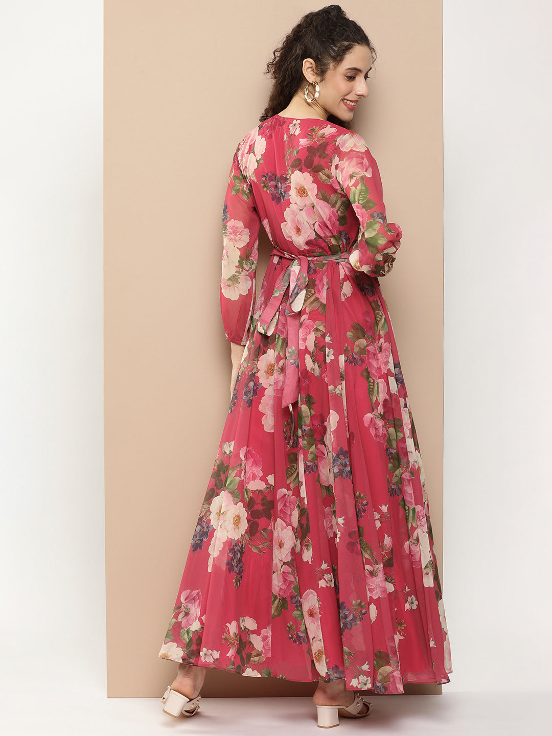 Women's Fuchsia Printed Long Dress With Waist Belt