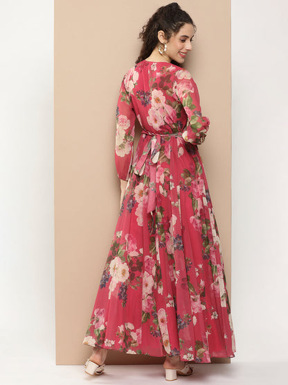 Women's Fuchsia Printed Long Dress With Waist Belt