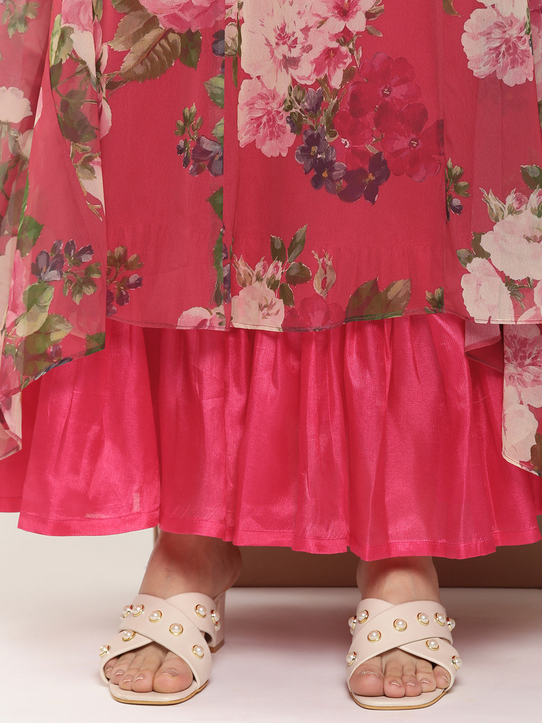 Women's Fuchsia Printed Long Dress With Waist Belt