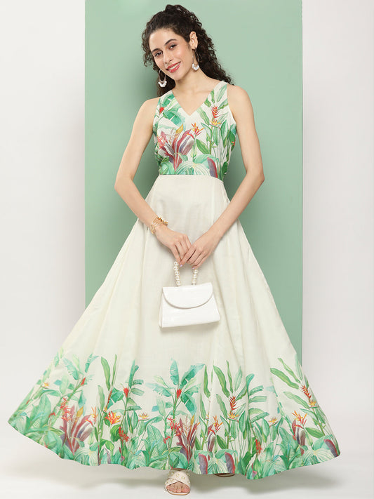 Women's Beige Printed Long Dress With Waist Belt