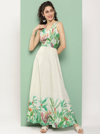 Women's Beige Printed Long Dress With Waist Belt