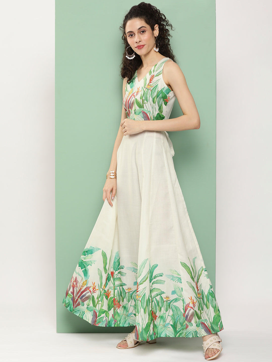 Women's Beige Printed Long Dress With Waist Belt