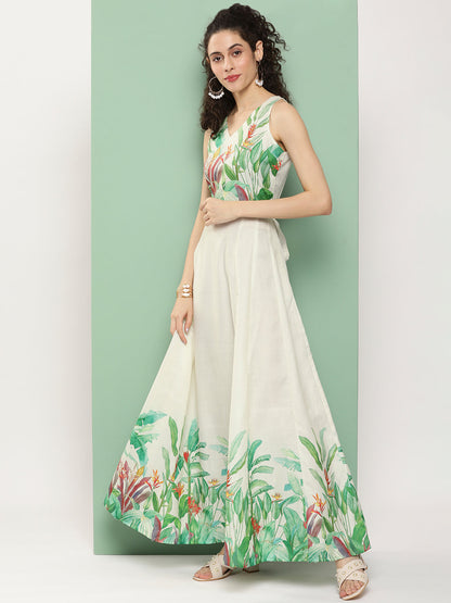 Women's Beige Printed Long Dress With Waist Belt