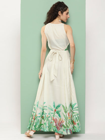 Women's Beige Printed Long Dress With Waist Belt