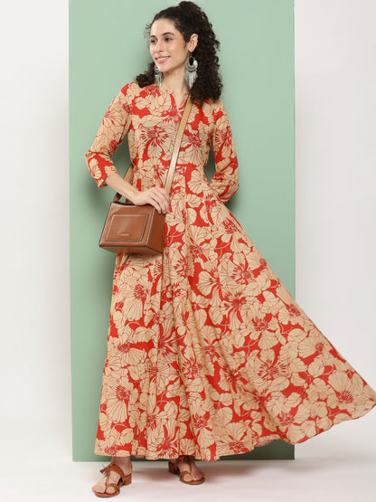 Women's Red Printed Long Dress With Waist Belt