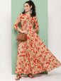 Women's Red Printed Long Dress With Waist Belt