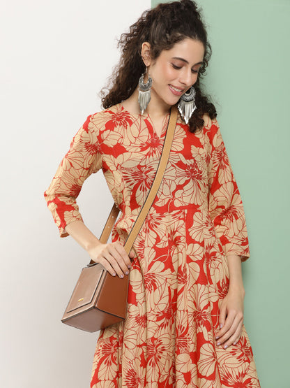 Women's Red Printed Long Dress With Waist Belt