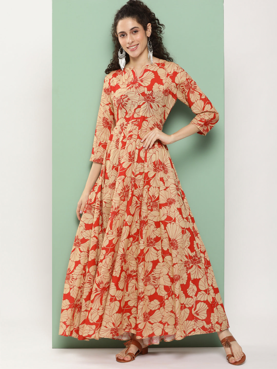 Women's Red Printed Long Dress With Waist Belt