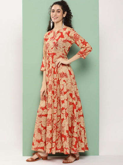 Women's Red Printed Long Dress With Waist Belt