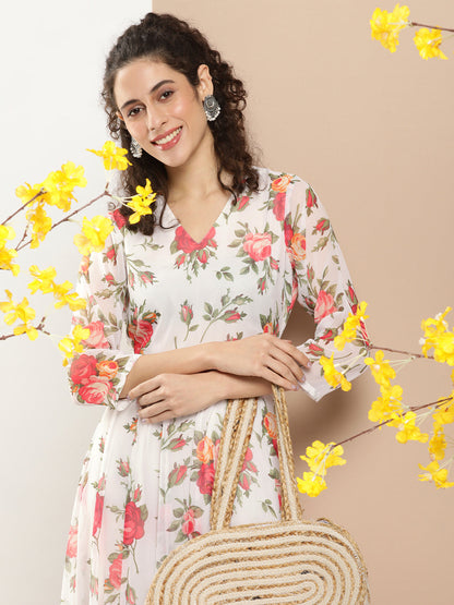 Women's White Printed Long Dress With Waist Belt