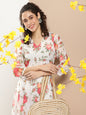 Women's White Printed Long Dress With Waist Belt