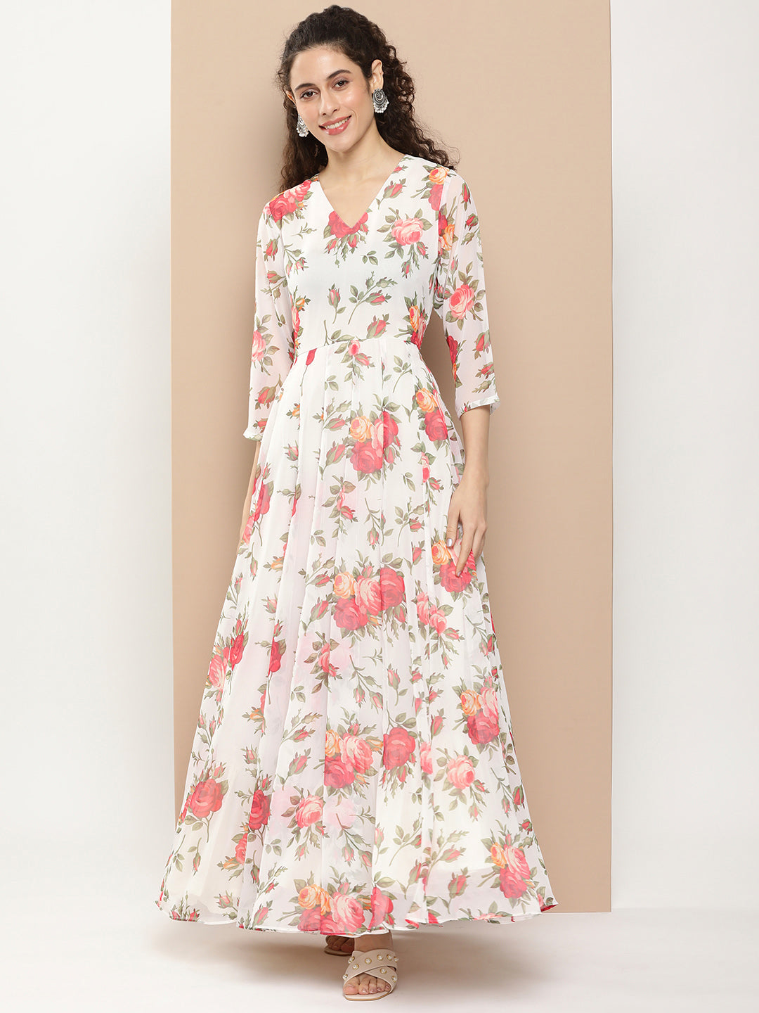 Women's White Printed Long Dress With Waist Belt