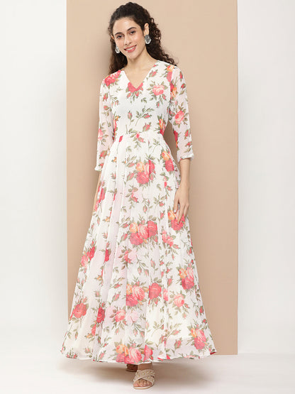 Women's White Printed Long Dress With Waist Belt