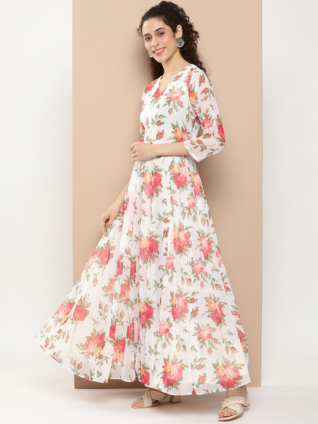 Women's White Printed Long Dress With Waist Belt