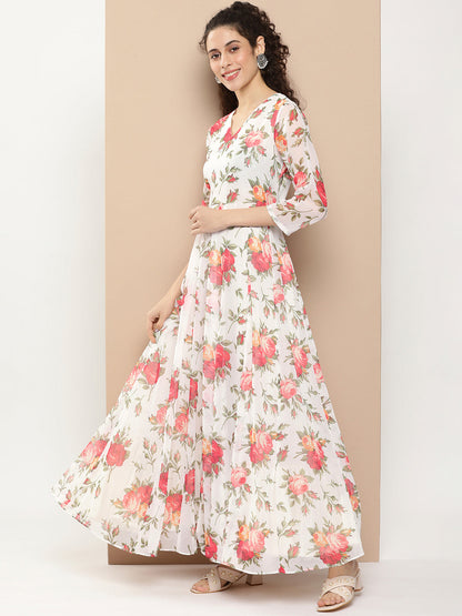 Women's White Printed Long Dress With Waist Belt