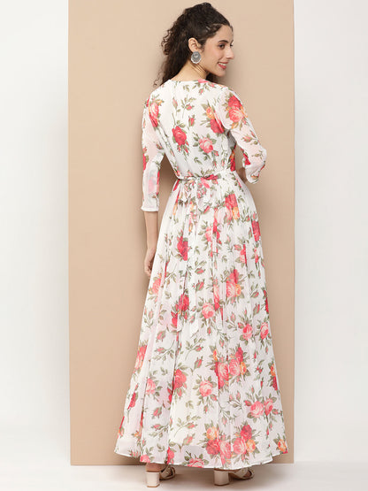 Women's White Printed Long Dress With Waist Belt