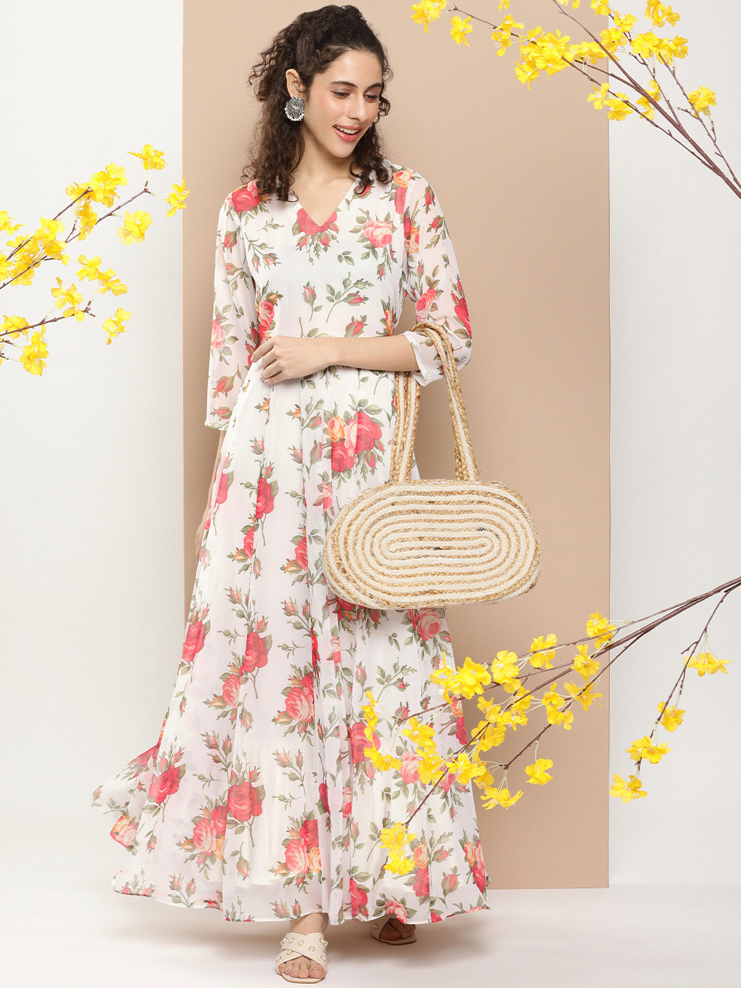 Women's White Printed Long Dress With Waist Belt