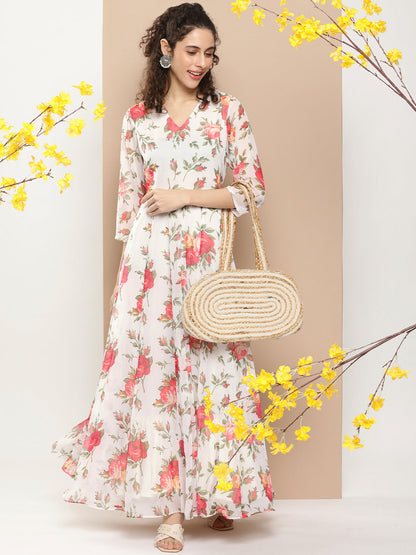 Women's White Printed Long Dress With Waist Belt