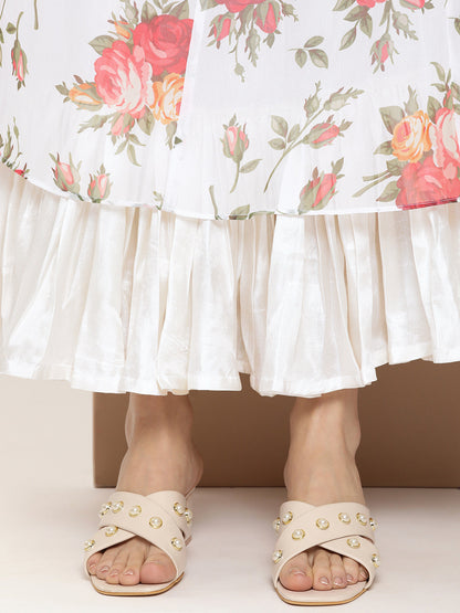 Women's White Printed Long Dress With Waist Belt