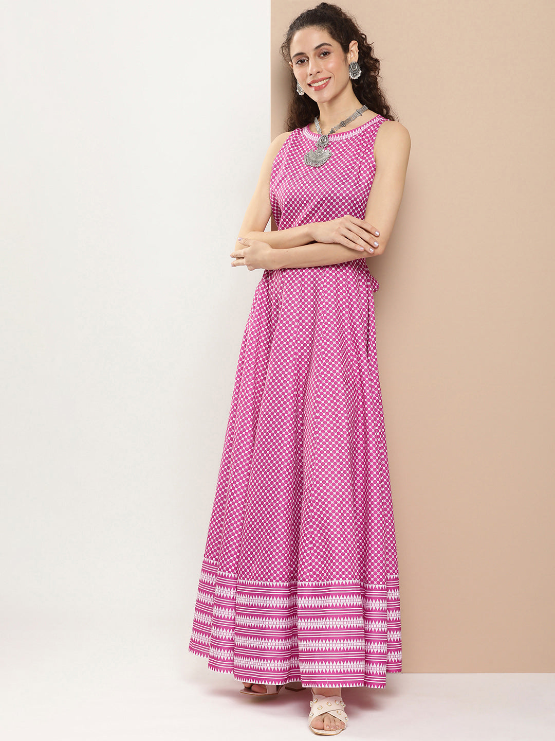 Women's Pink Polka Dots Long Dress With Waist Belt
