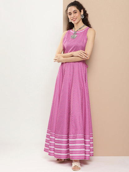 Women's Pink Polka Dots Long Dress With Waist Belt