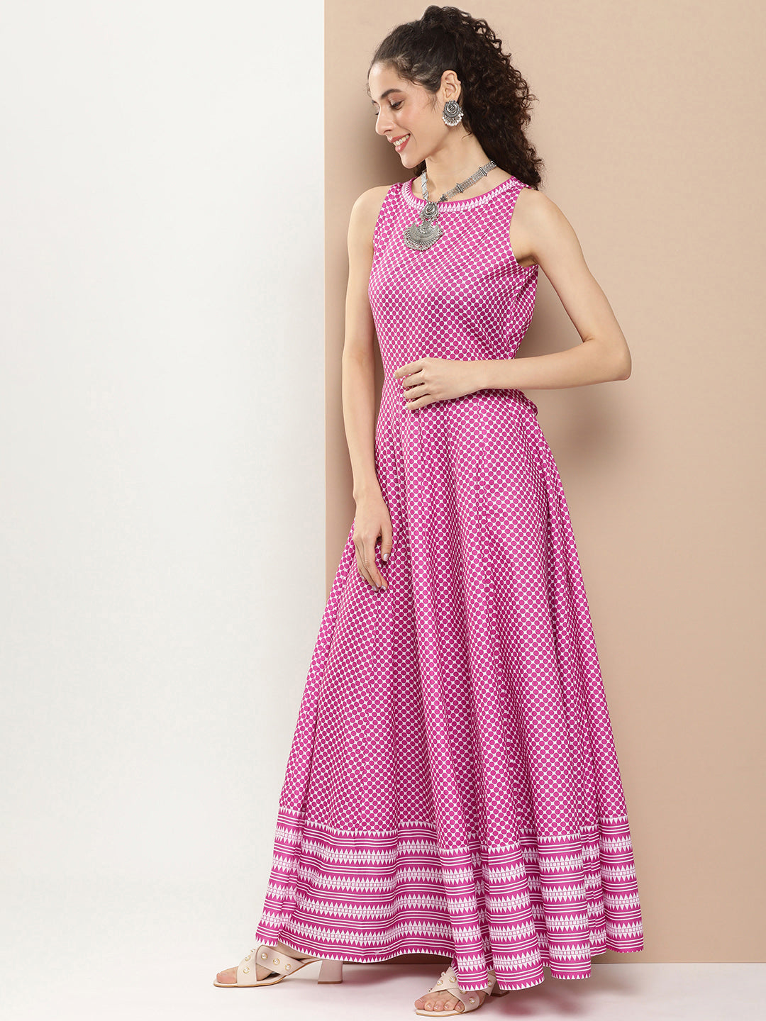 Women's Pink Polka Dots Long Dress With Waist Belt