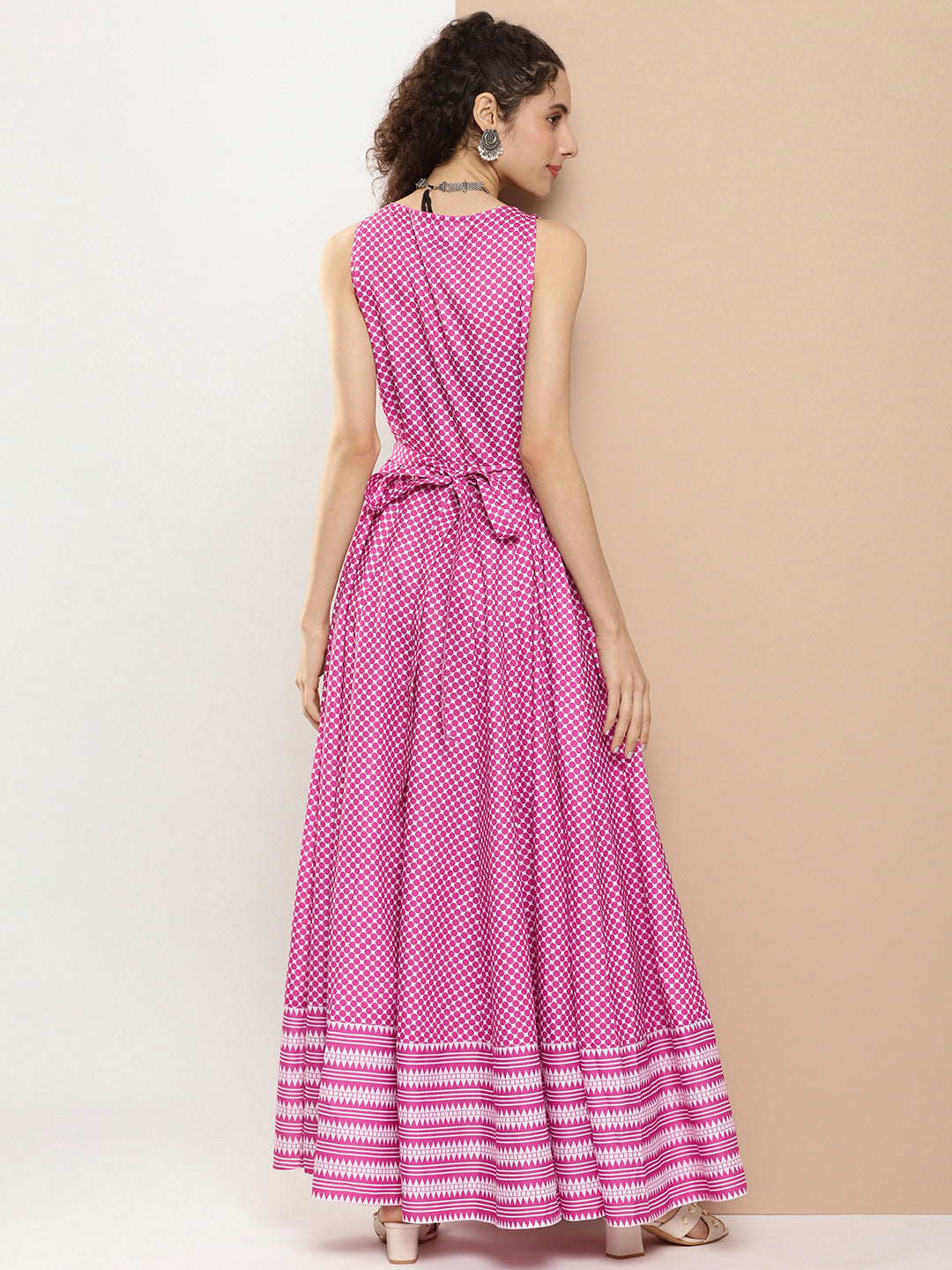 Women's Pink Polka Dots Long Dress With Waist Belt