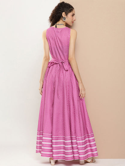 Women's Pink Polka Dots Long Dress With Waist Belt