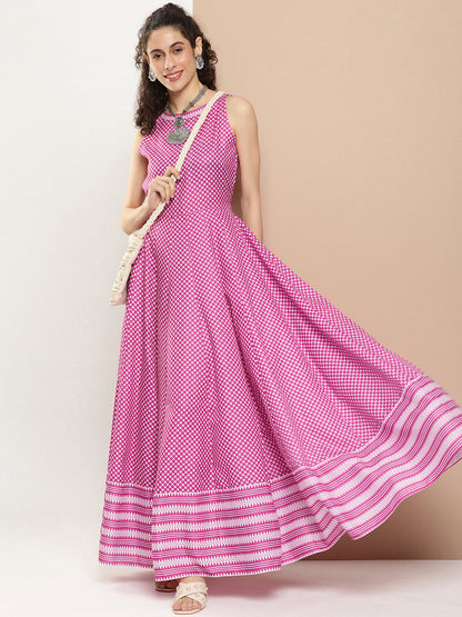 Women's Pink Polka Dots Long Dress With Waist Belt